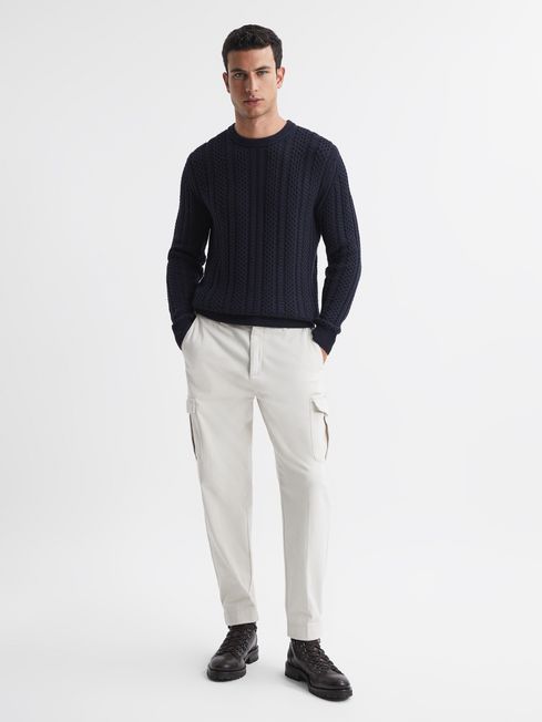 Slim Fit Wool-Cotton Cable Knit Jumper in Navy - REISS