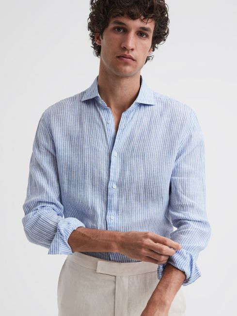 Linen Long Sleeve Shirt in Blue Stripe - REISS