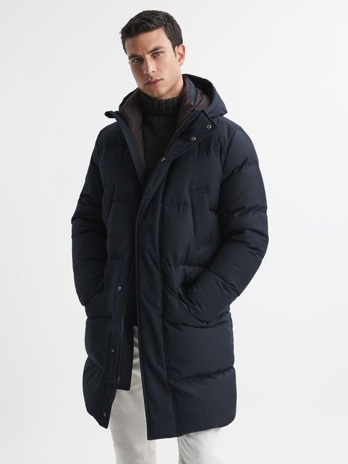 Quilted Hooded Coat in Navy - REISS