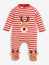Red Stripe Reindeer Appliqué Cotton Baby Sleepsuit