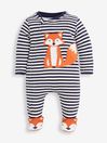Navy Ecru Stripe Fox Appliqué Zip Cotton Baby Sleepsuit