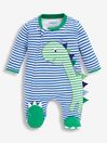 Blue/Green Dino Appliqué Zip Cotton Baby Sleepsuit