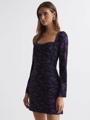 Reiss Giulia Amur Pleated Floral Bodycon Mini Dress