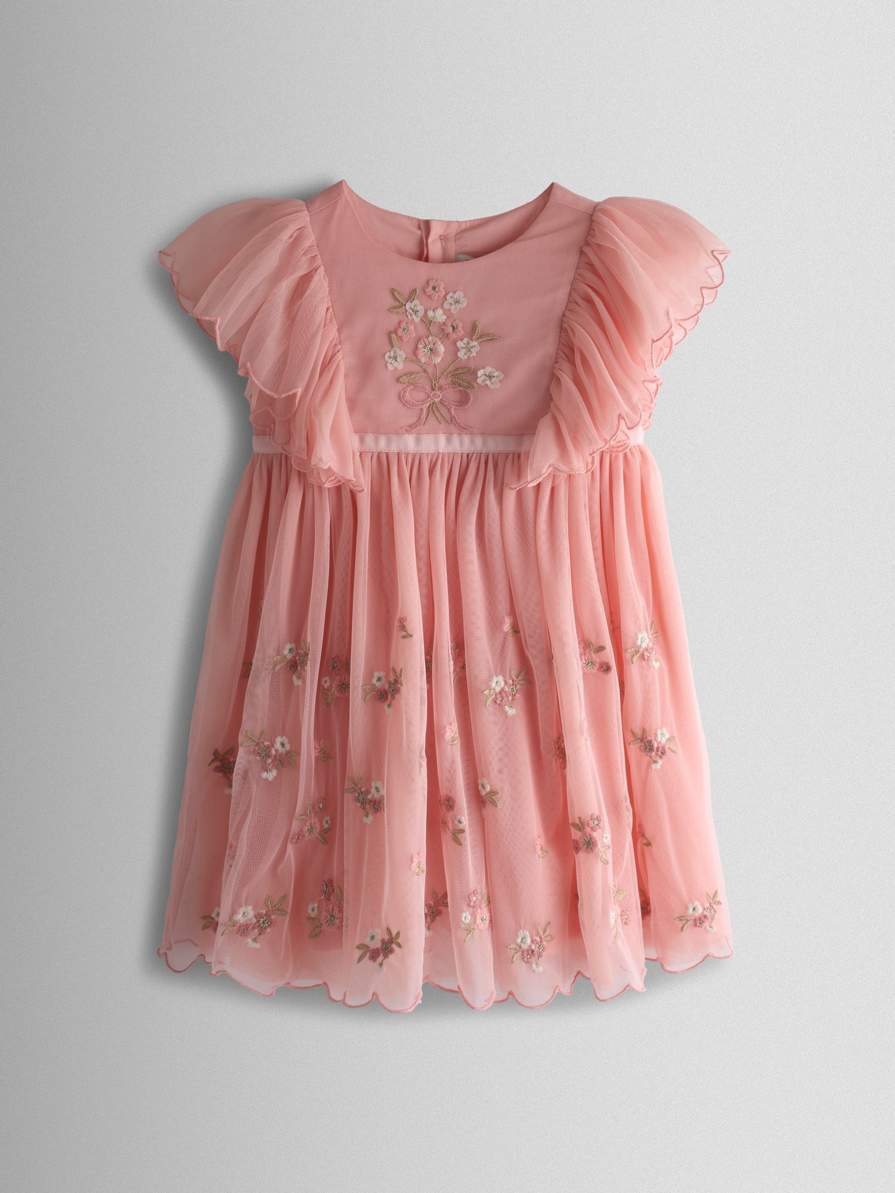 Pink Sparkle Floral Embroidered Tiered Tulle Party Dress