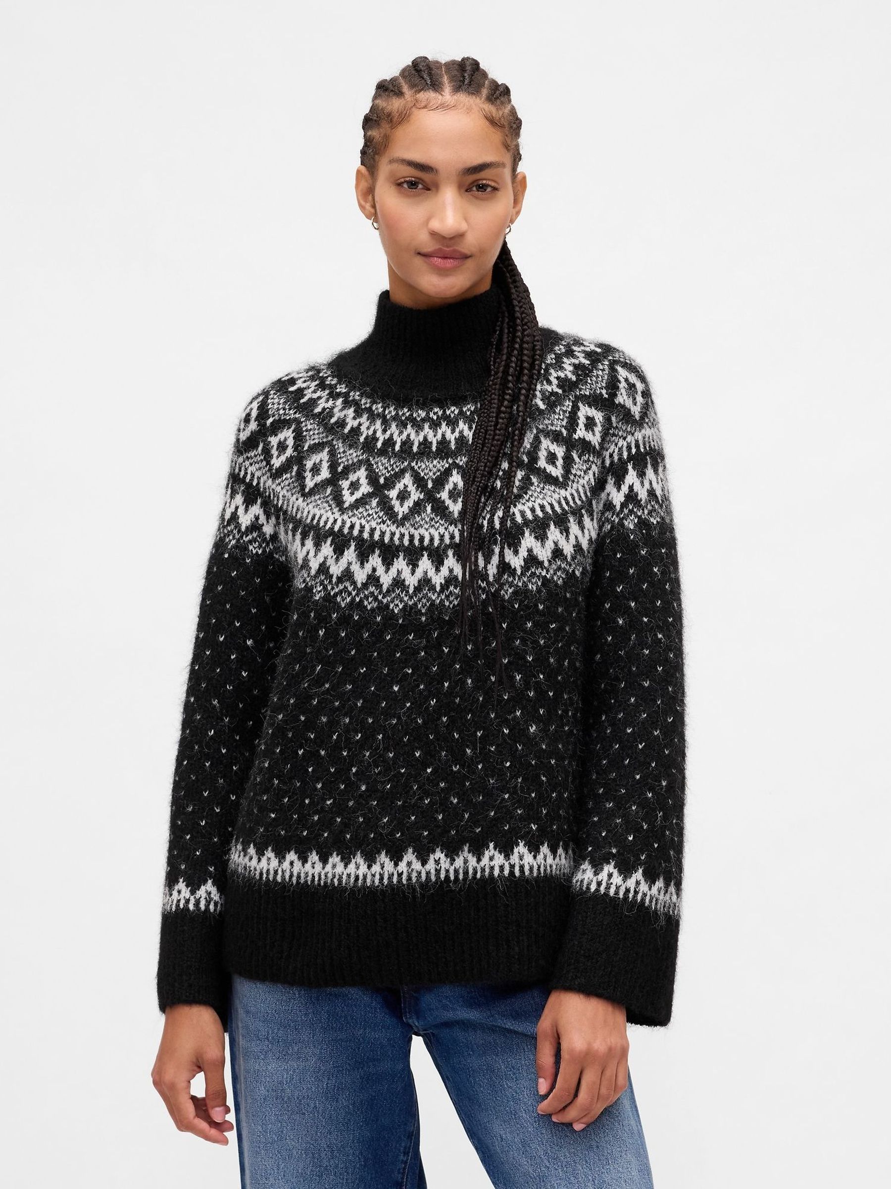 Brown Fair Isle Fuzzy Oversized Turtle Neck Jumper | Gap