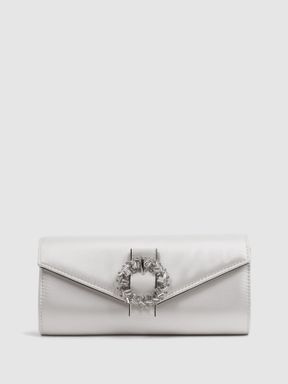 Reiss Delphine Diamanté Buckle Satin Clutch