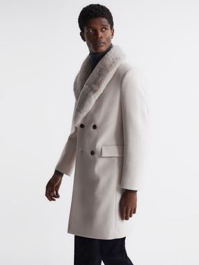 Reiss Bay Double Breasted Faux Fur Collar Coat