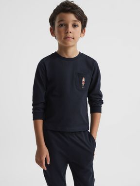 Reiss Will Long Sleeve Embroidered Nightwear Top