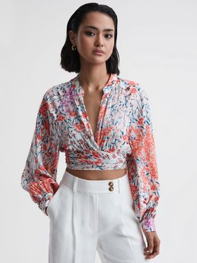 Reiss Elle Floral Print Tie Front Cropped Blouse