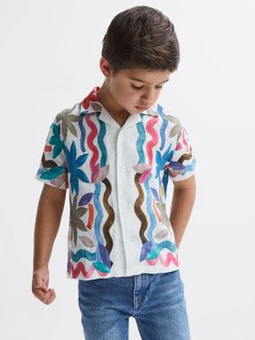 Reiss Delphi Linen Floral Cuban Collar Shirt