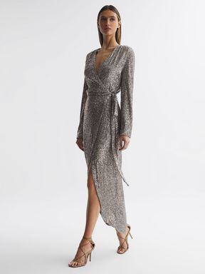 Halston Sequin Wrap Midi Dress