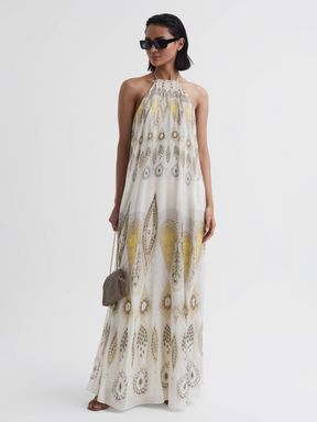 Reiss - Liza lange jurk met halternek en print