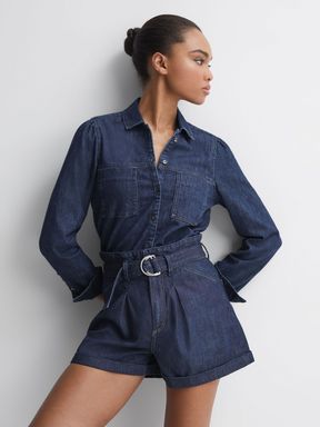 Reiss Carly Paige High Rise Belted Denim Shorts