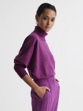 Reiss Frankie Ruched Sleeve Wool-Cashmere Roll Neck Jumper