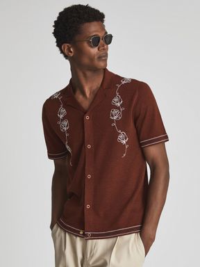 Reiss Sampson Cuban Collar Embroidered Shirt