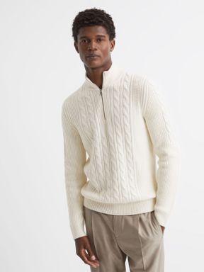 Reiss Rosso Cable Knit Half Zip Funnel Neck Jumper