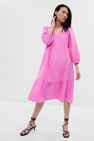 Buy Pink Gauze V-Neck Long Puff Sleeve Midi Dress from the Gap online shop