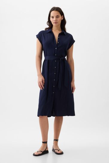 Buy Navy Blue Linen-Blend Tie Waist Midi Shirt Dress from the Gap ...