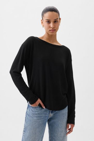 Buy Black Linen Blend Long Sleeve Boatneck T-Shirt from the Gap online shop
