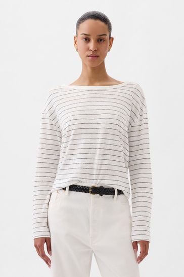Buy White Stripe Linen Blend Long Sleeve Boatneck T-Shirt from the Gap ...