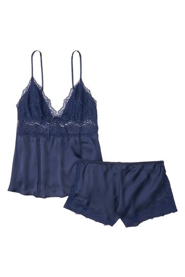victoria secret noir navy stretch lace chiffon cami set