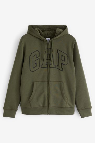 Buy Khaki Green Logo Sherpa-Lined Zip Up Hoodie from the Gap online shop