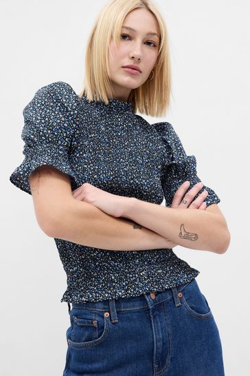 Buy Blue Smocked Puff Short Sleeve Top from the Gap online shop