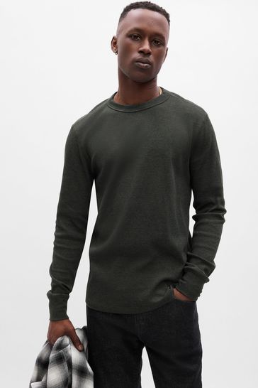 Buy Grey Waffle-Knit Crew Neck Long Sleeve T-Shirt from the Gap online shop