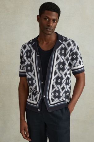 Reiss Navy Multi Hyde Knitted Cuban Collar Shirt