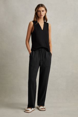 Reiss Charcoal Romie Drawstring Linen Trousers