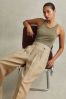 Reiss Light Khaki Leila Petite Linen Front Pleat Trousers