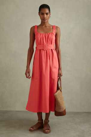 Reiss Black Liza Petite Cotton Ruched Strap Belted Midi Dress