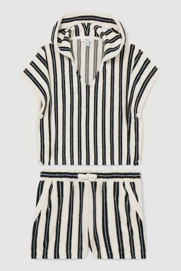 Reiss Blue Sam 4-9 yrs Hoodie and Shorts Stripe Towelling Set