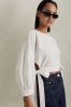 Reiss Navy Immy Cropped Blouson Sleeve Top With Linen