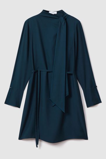 Reiss Teal Avery Tie Neck Belted Mini Dress