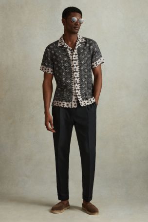 Reiss Orange Multi Pantain Linen Printed Cuban Collar Shirt
