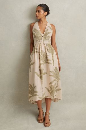 Reiss Neutral/Green Anna 100% Linen Tropical Print Midi Dress