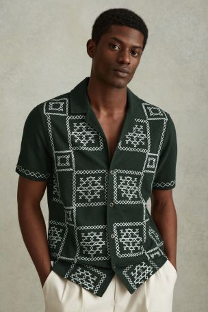 Reiss Ecru/Navy Cosmos Textured Embroidered Cuban Collar Shirt