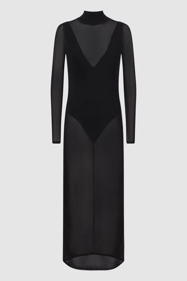 Reiss Black Imelda Sheer Knitted Maxi Dress