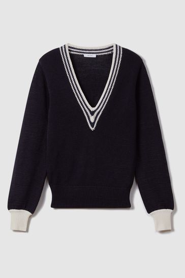 Reiss Navy/White Tammy Crochet V-Neck Jumper