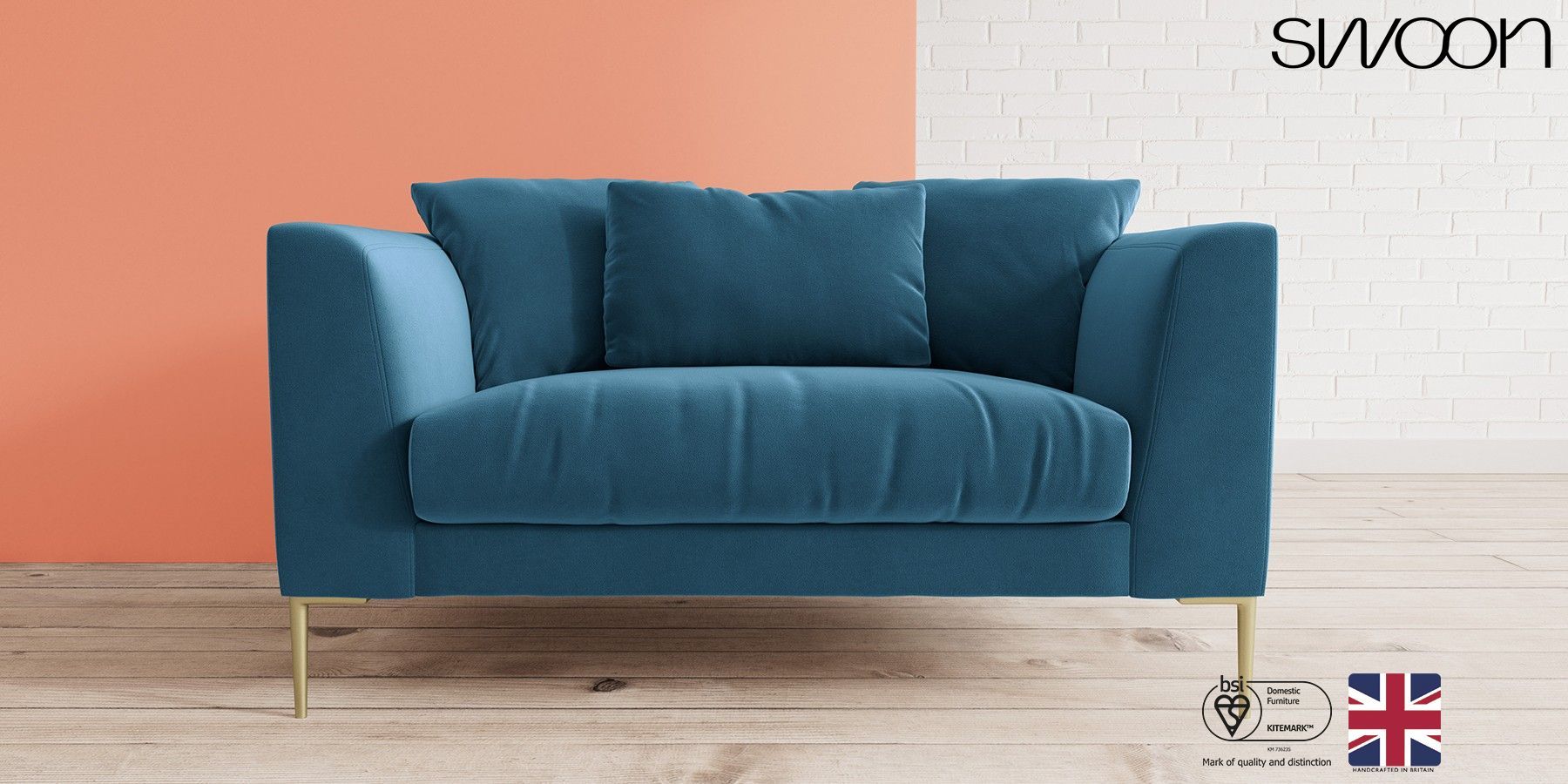 Buy Alena by Swoon Snuggle Seat Easy Velvet Petrol Blue Brass from the