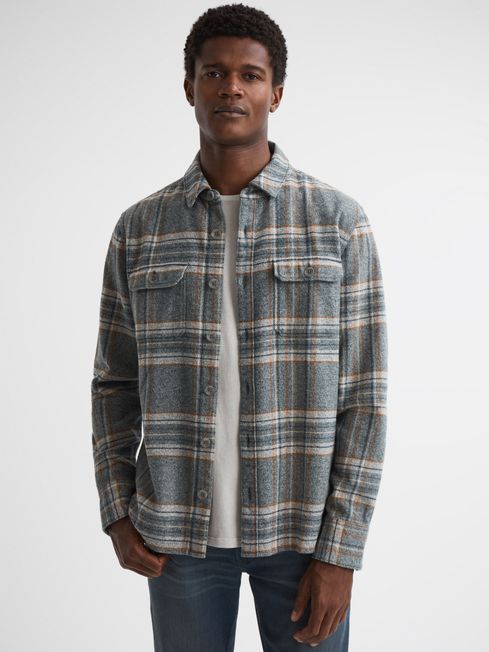 Paige Cotton Checked Twin Pocket Overshirt in Smoked Sage - REISS
