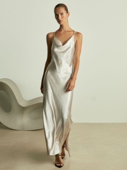 Reiss Cowl Neck Hammered Satin Slip Dress
