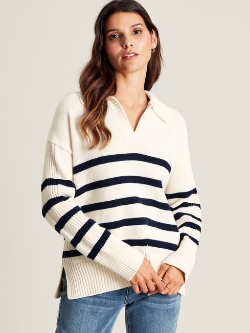 Buy Emelia Cream Navy Blue Striped Collared Jumper from the Joules ...