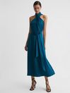 Satin Halter Neck Fitted Midi Dress in Teal - REISS