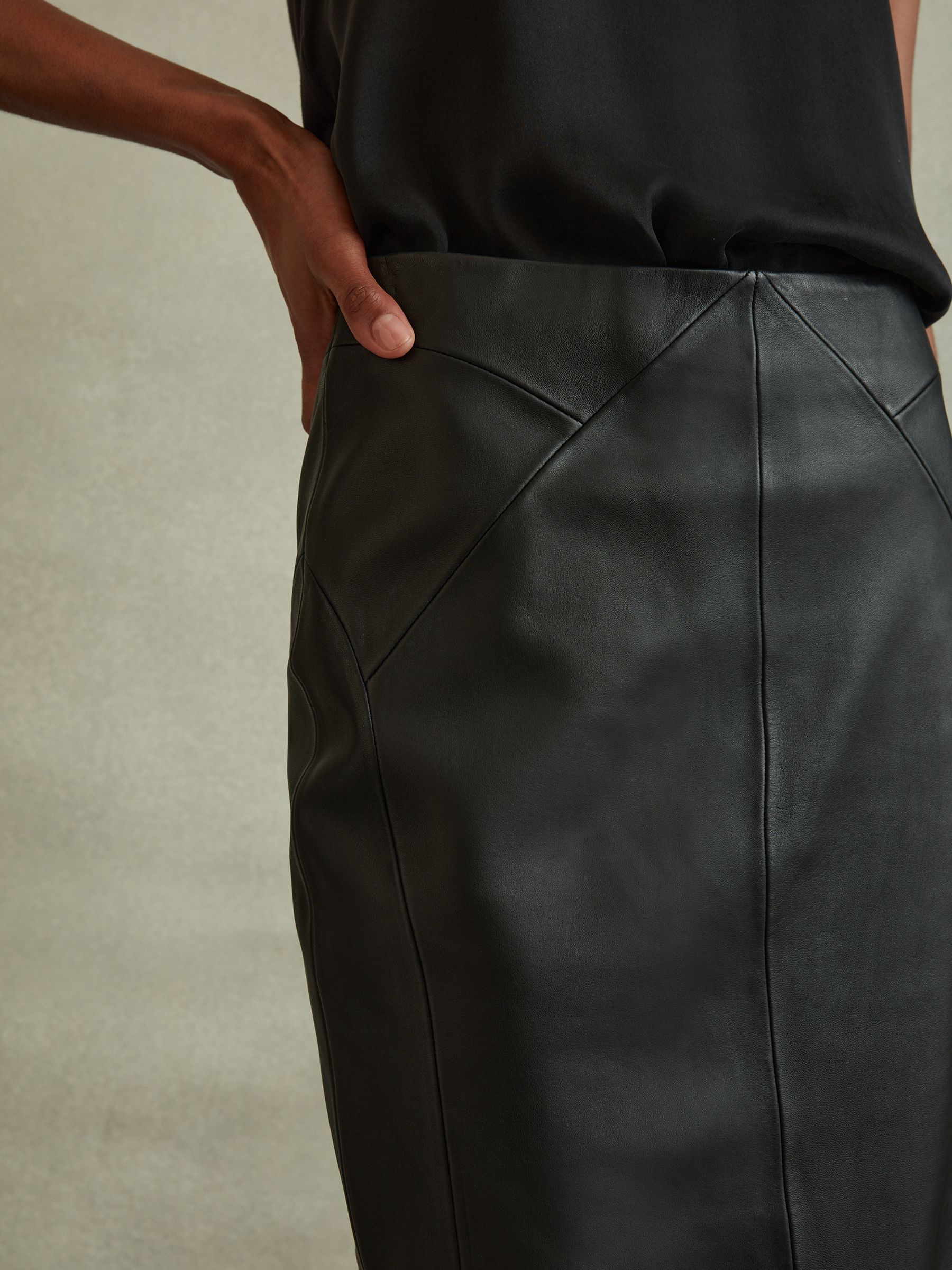 Reiss Raya Leather High Rise Midi Skirt | REISS USA