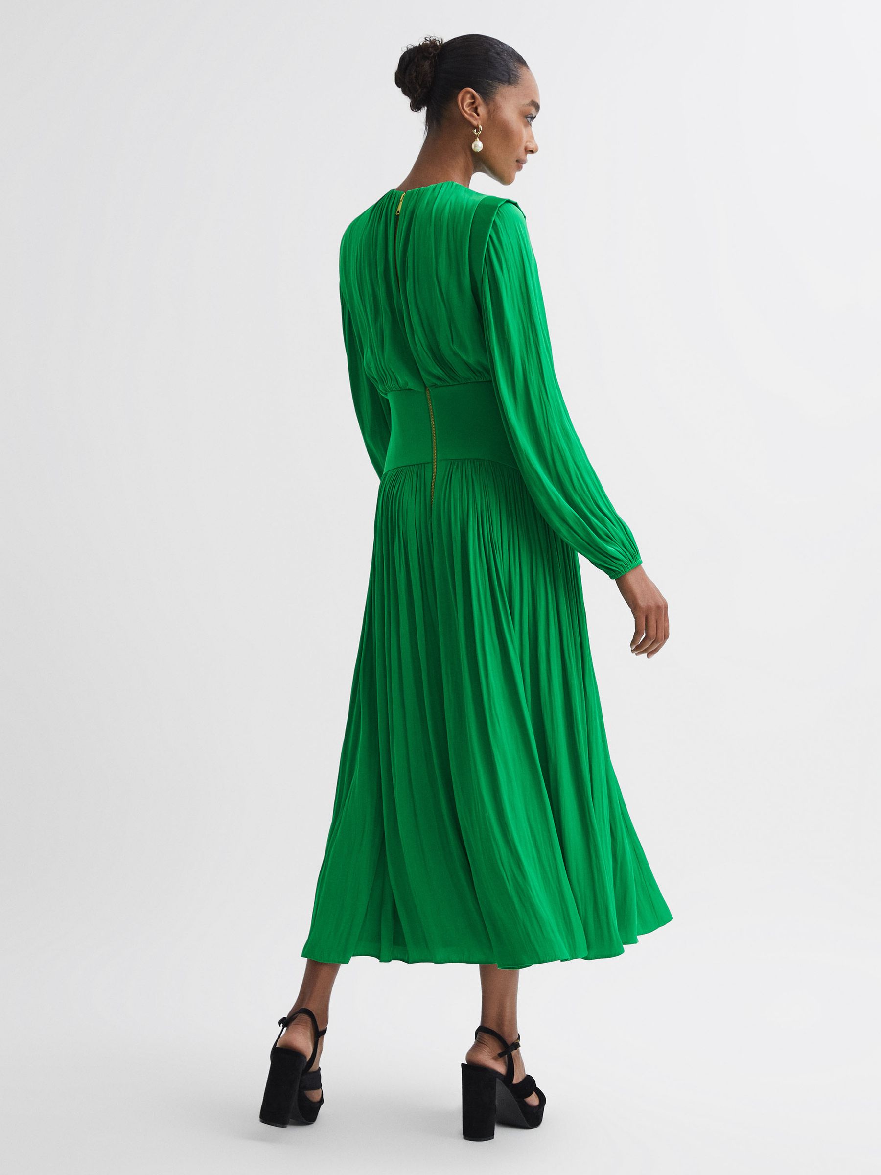 Florere Pleated Midi Dress in Bright Green - REISS