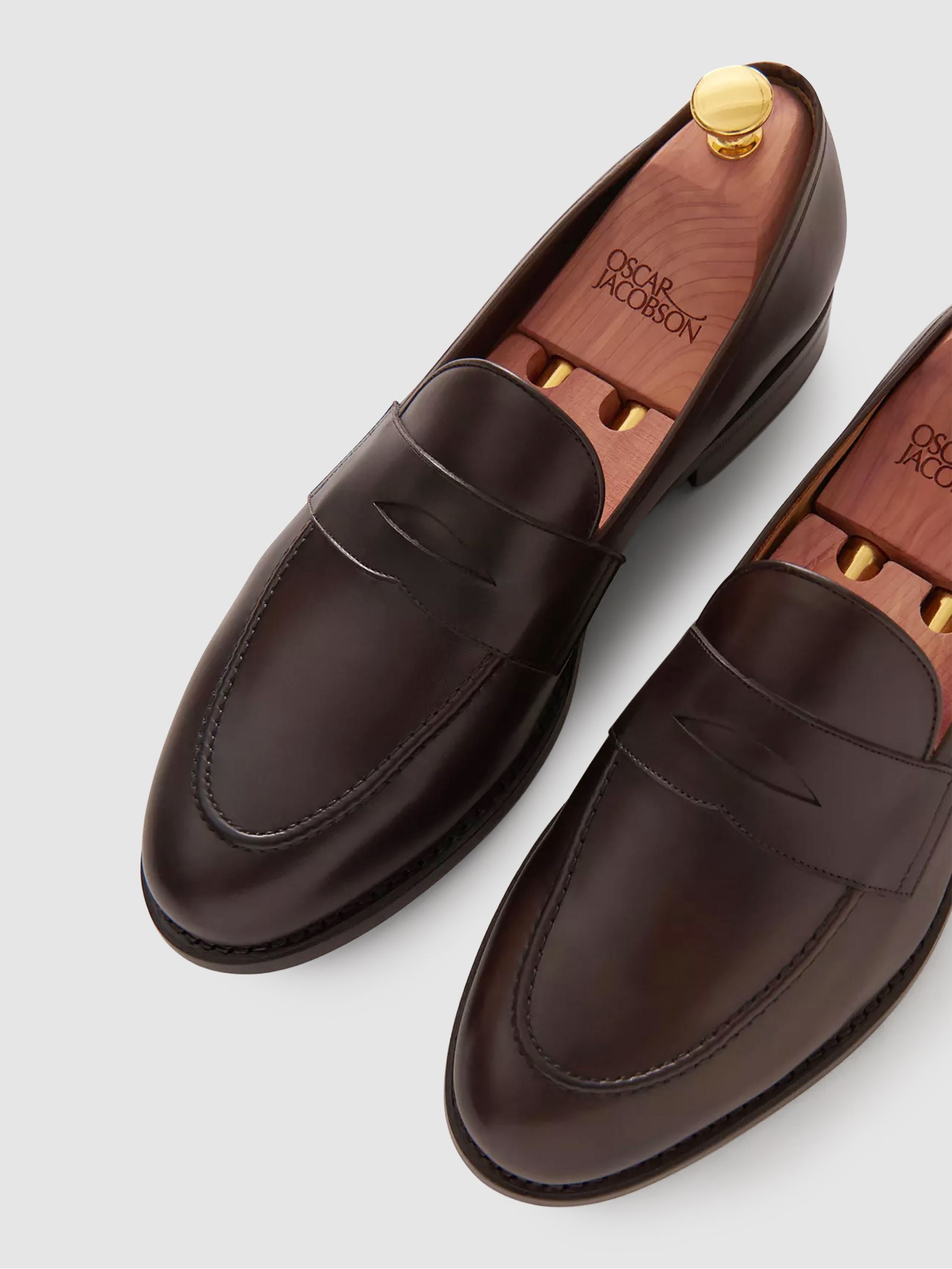 Oscar Jacobson Leather Penny Loafers in Dark Brown - REISS