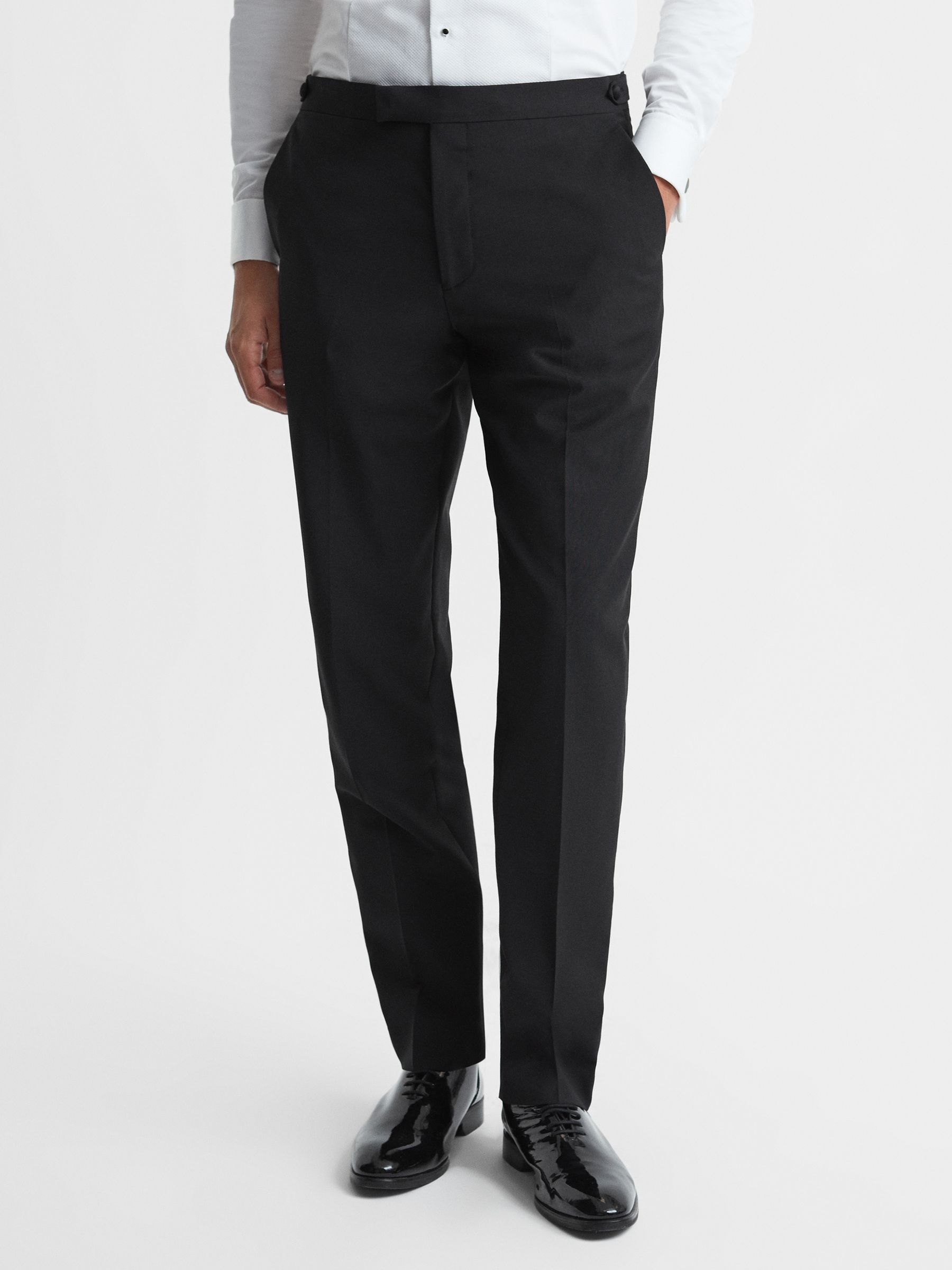 Satin Trim Modern Fit Tuxedo Trousers in Black - REISS