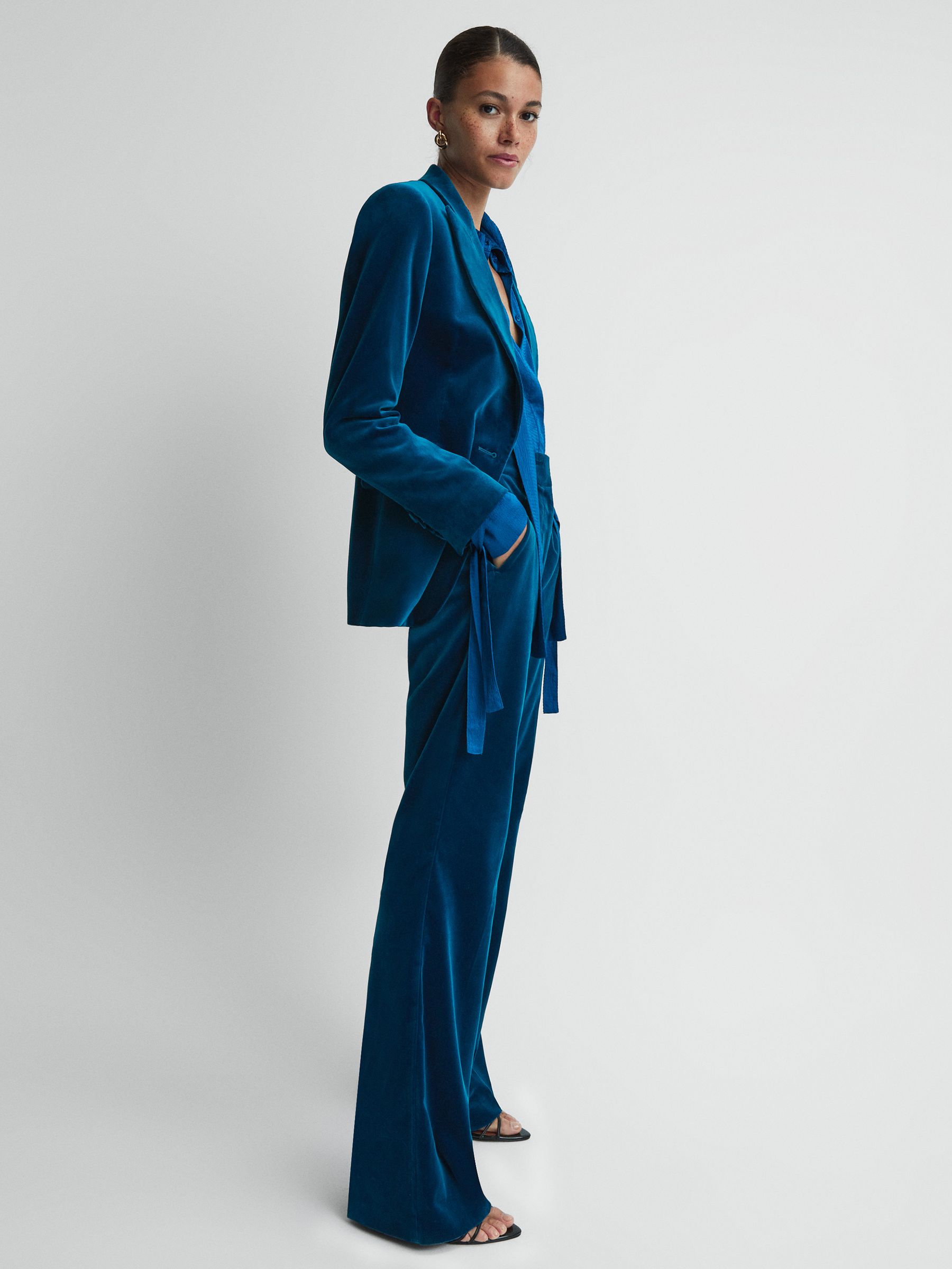 Velvet Flared Suit Trousers in Blue - REISS